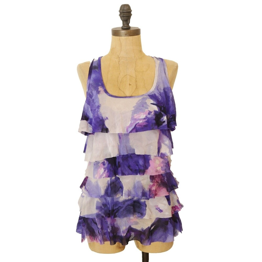 Karen Kane Tiered Tank Top Size S Sleeveless Mesh Floral Purple Pink EUC B80